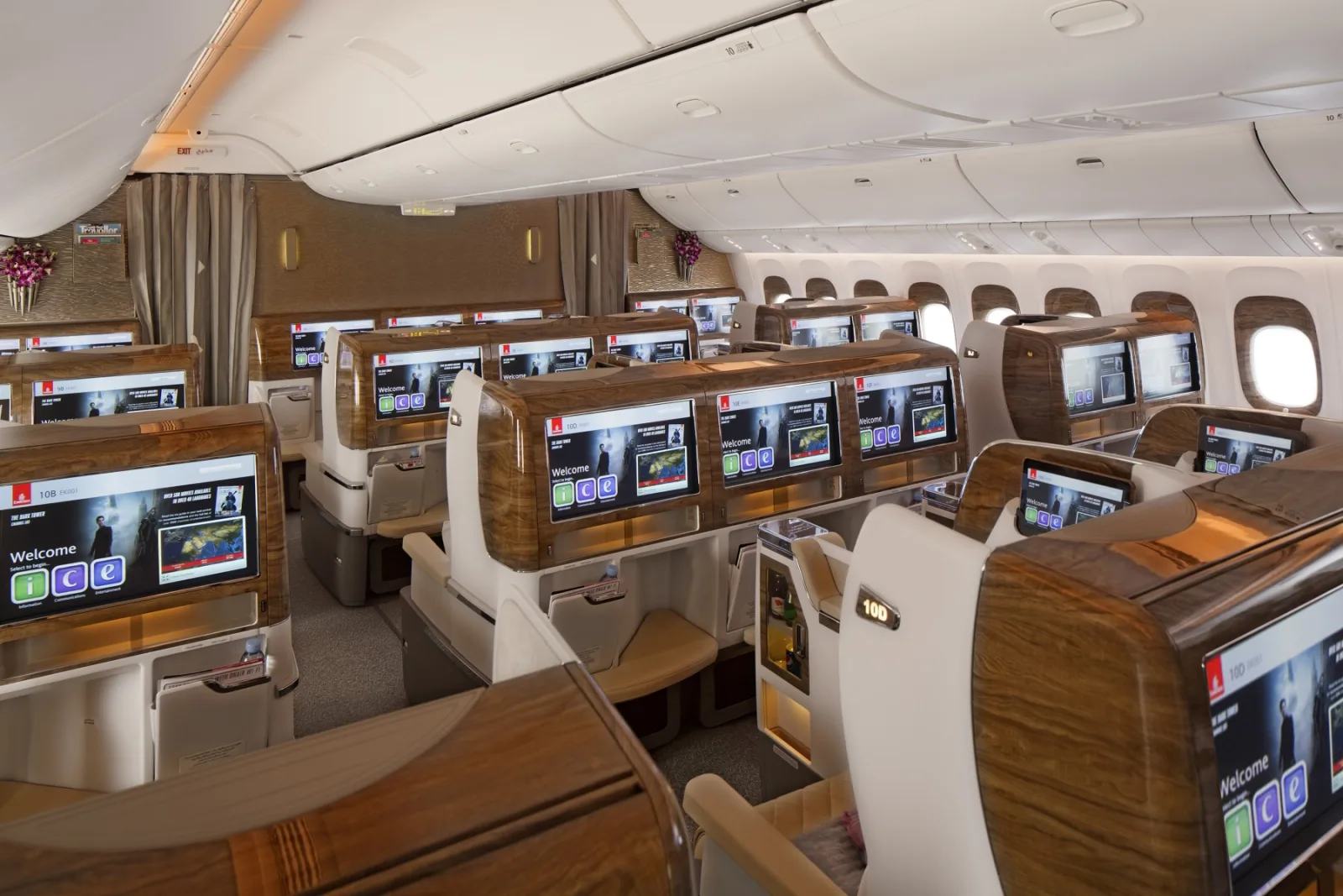 Emirates Boeing 777-300ER business-class cabin, a Skywards ultra-long-haul redemption framework.