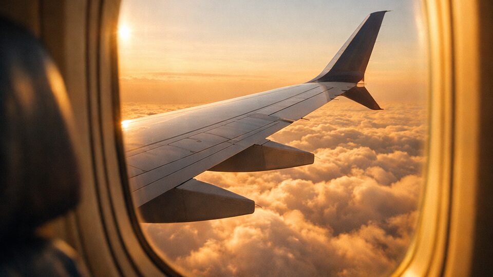 View of an airplane wing over golden sunset clouds from a cabin window